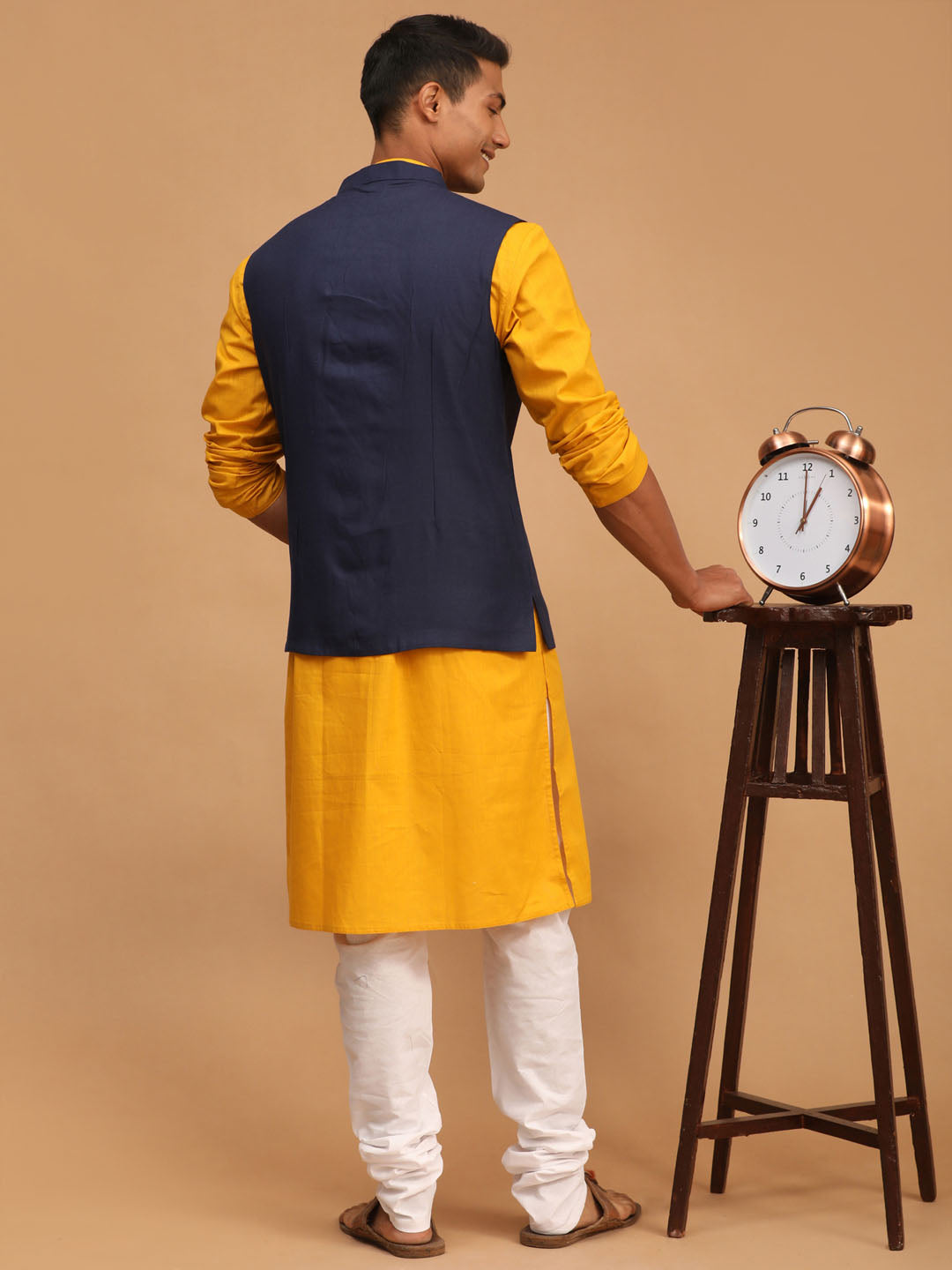 Sarvati Men's Navy Blue Solid Cotton Nehru Jacket With Mustard Kurta And White Pyjama Set