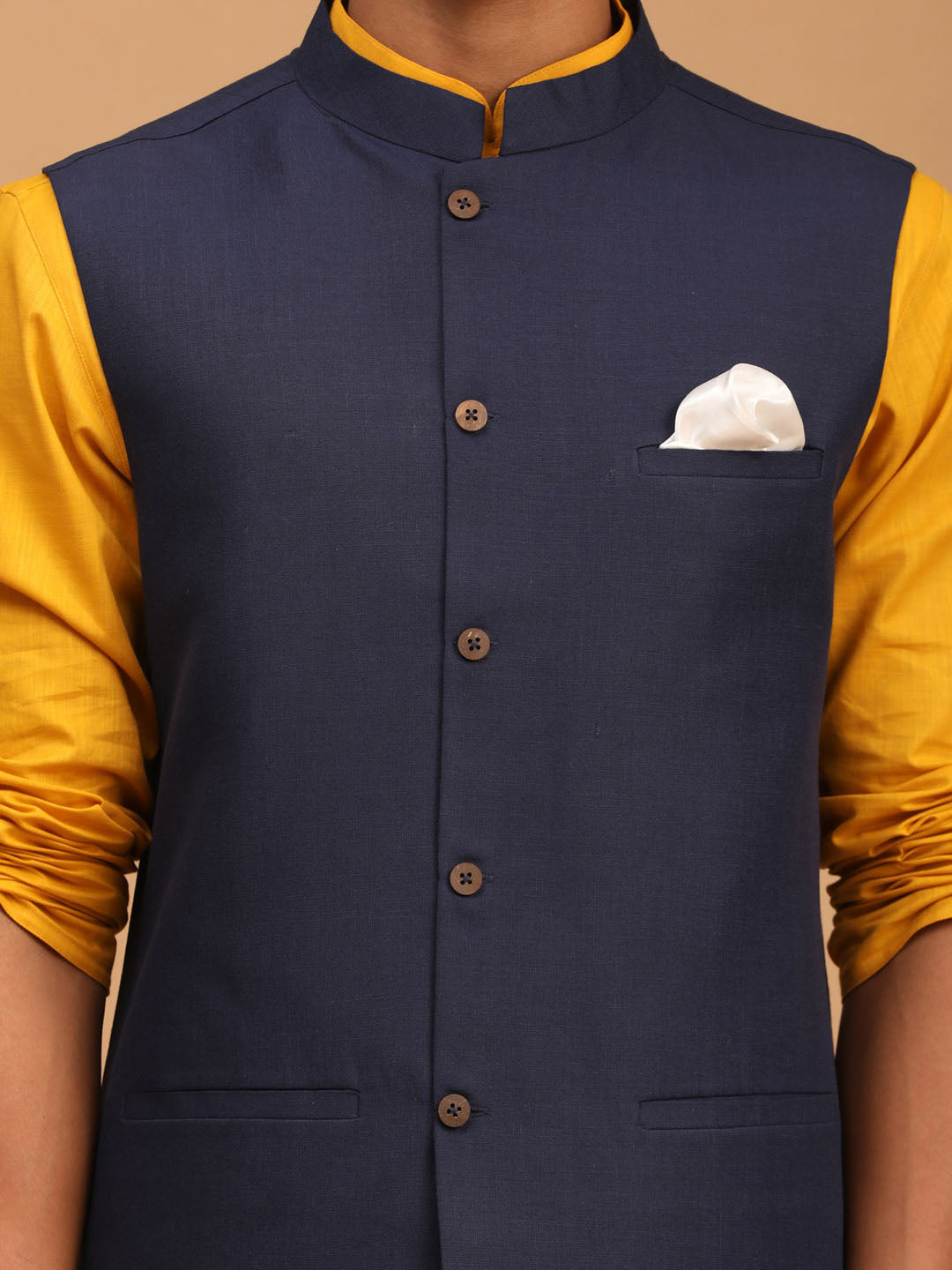 Sarvati Men's Navy Blue Solid Cotton Nehru Jacket With Mustard Kurta And White Pyjama Set