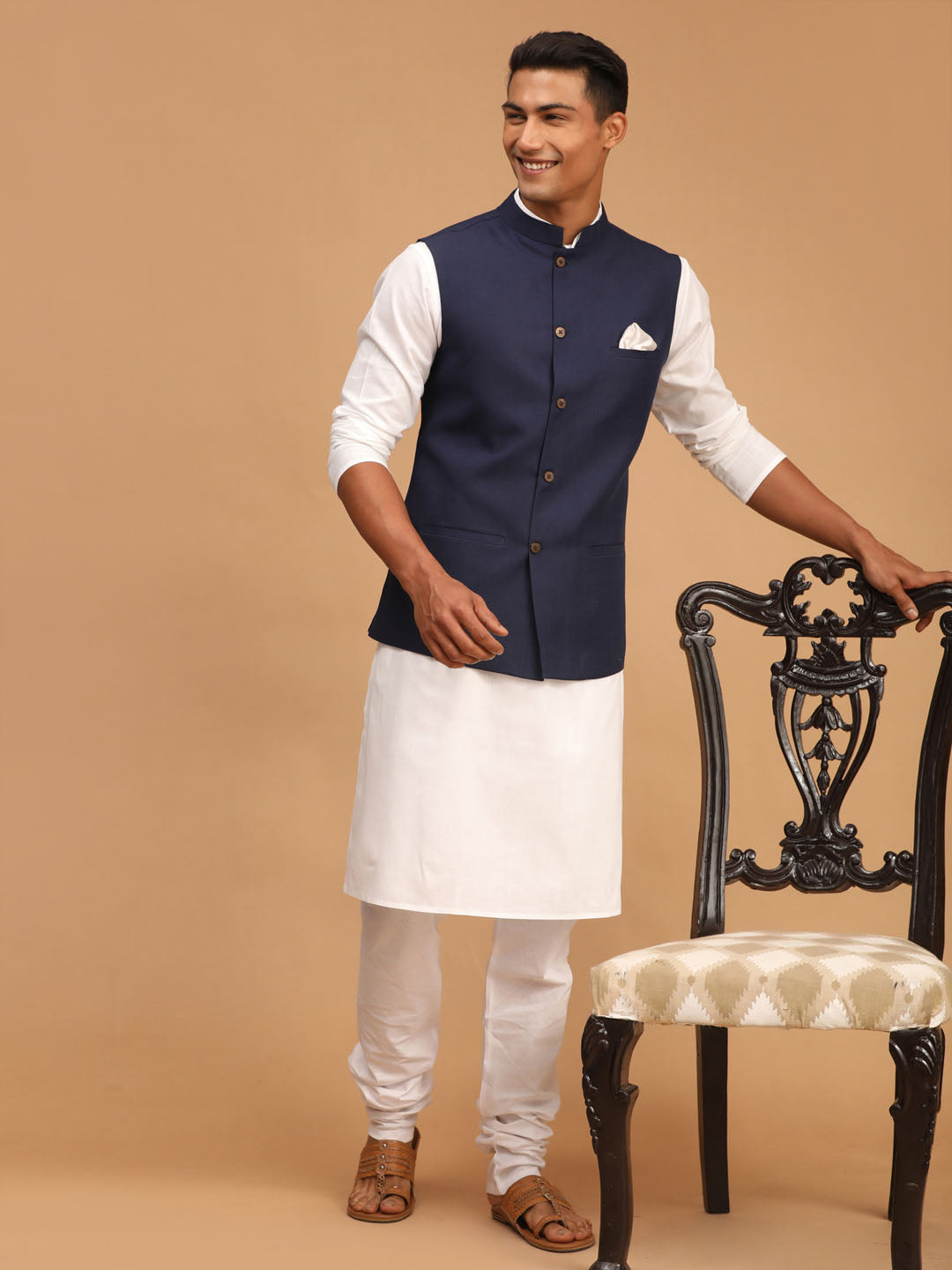 Sarvati Men's Navy Blue Solid Cotton Nehru Jacket With White Kurta And Pyjama Set