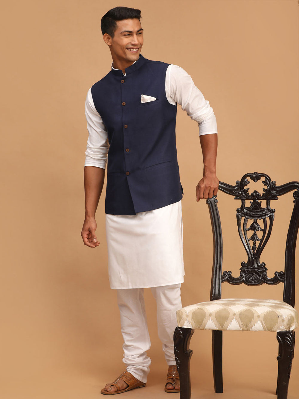 Sarvati Men's Navy Blue Solid Cotton Nehru Jacket With White Kurta And Pyjama Set