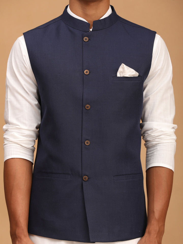 Sarvati Men's Navy Blue Solid Cotton Nehru Jacket With White Kurta And Pyjama Set