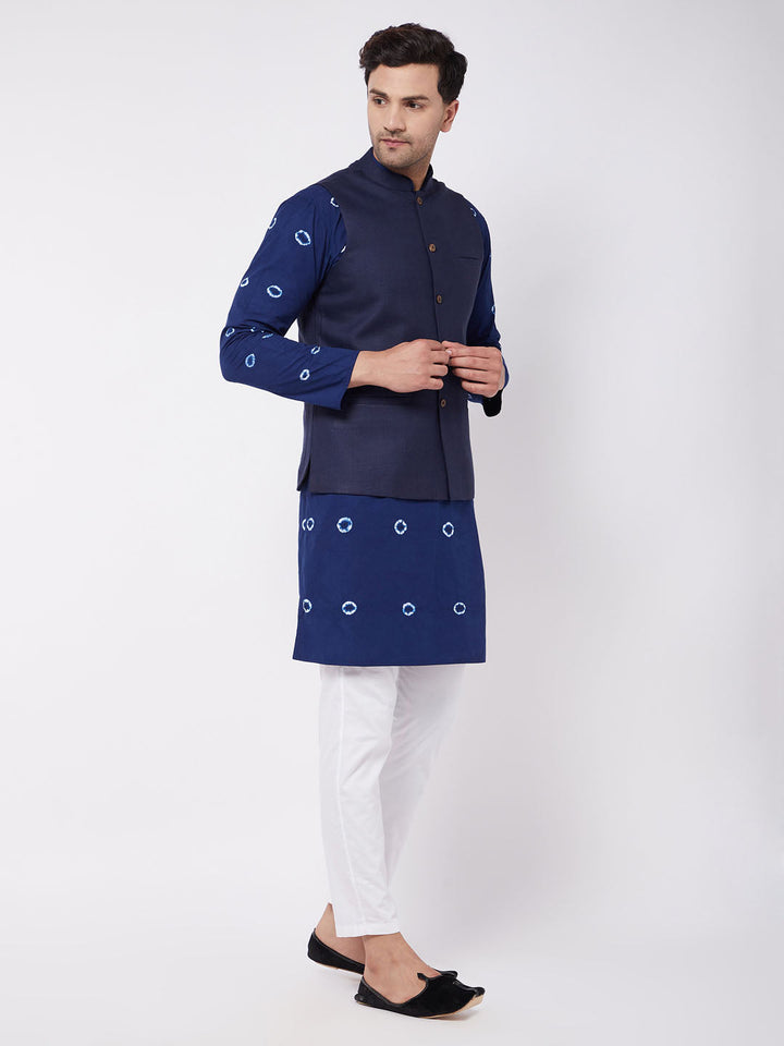 Sarvati Men's Cotton Kurta And Pyjama With Navy Blue Solid Nehru Jacket