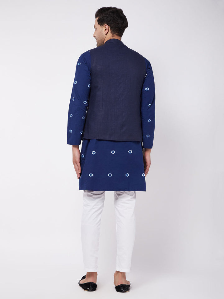 Sarvati Men's Cotton Kurta And Pyjama With Navy Blue Solid Nehru Jacket