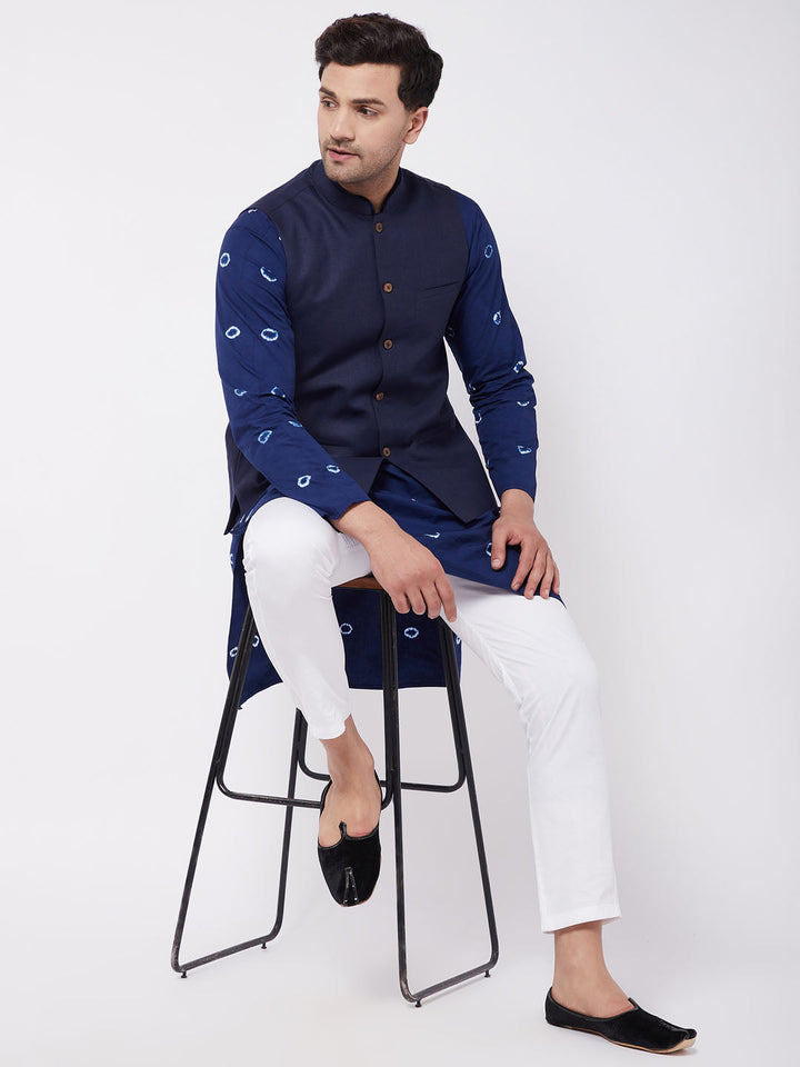 Sarvati Men's Cotton Kurta And Pyjama With Navy Blue Solid Nehru Jacket