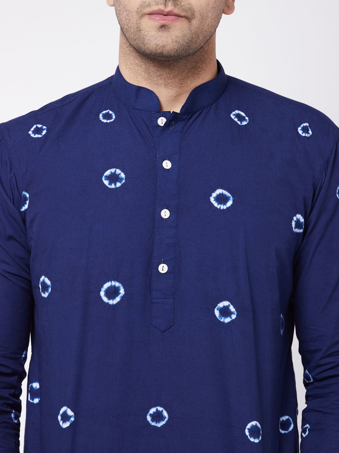 Sarvati Men's Navy Blue Solid Nehru Jacket With Blue Tie Dye Print Kurta And White Cotton Pant Style Pyjama