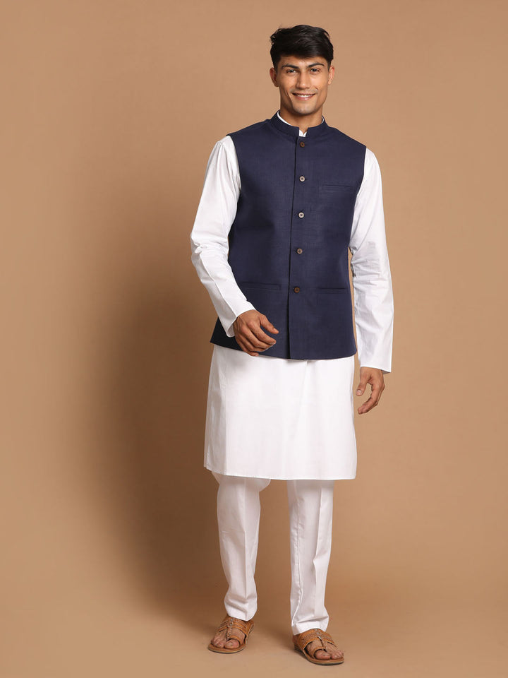 Sarvati Men's Navy Blue Cotton Nehru Jacket  With White Kurta and Pant