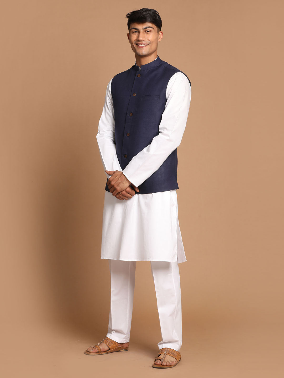 Sarvati Men's Navy Blue Cotton Nehru Jacket  With White Kurta and Pant