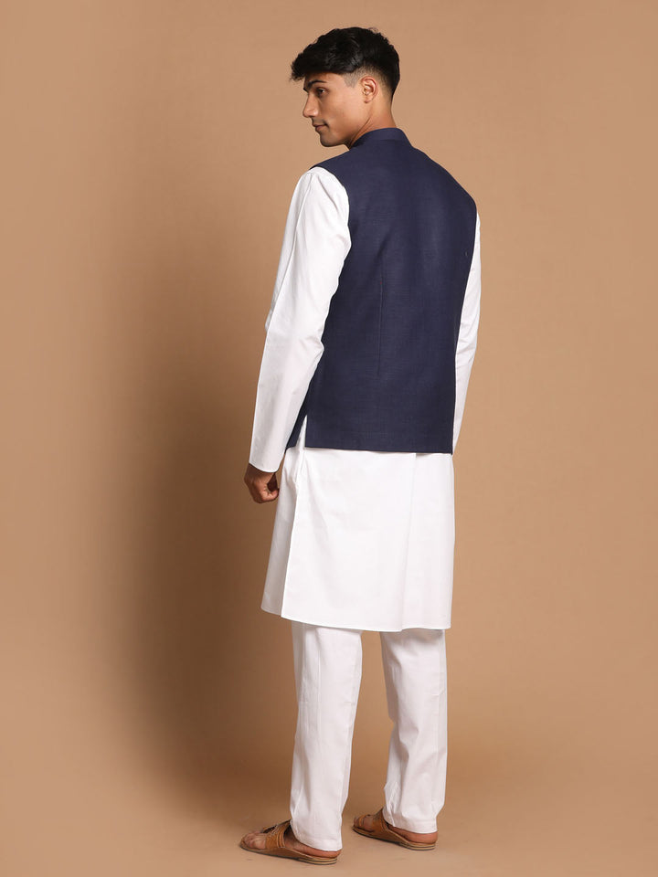 Sarvati Men's Navy Blue Cotton Nehru Jacket  With White Kurta and Pant