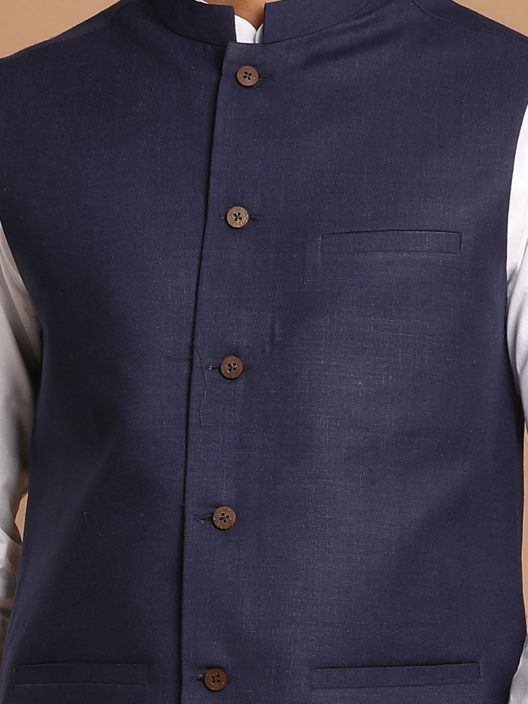 Sarvati Men's Navy Blue Cotton Nehru Jacket  With White Kurta and Pant