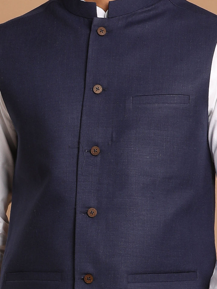 Sarvati Men's Navy Blue Cotton Nehru Jacket  With White Kurta and Pant