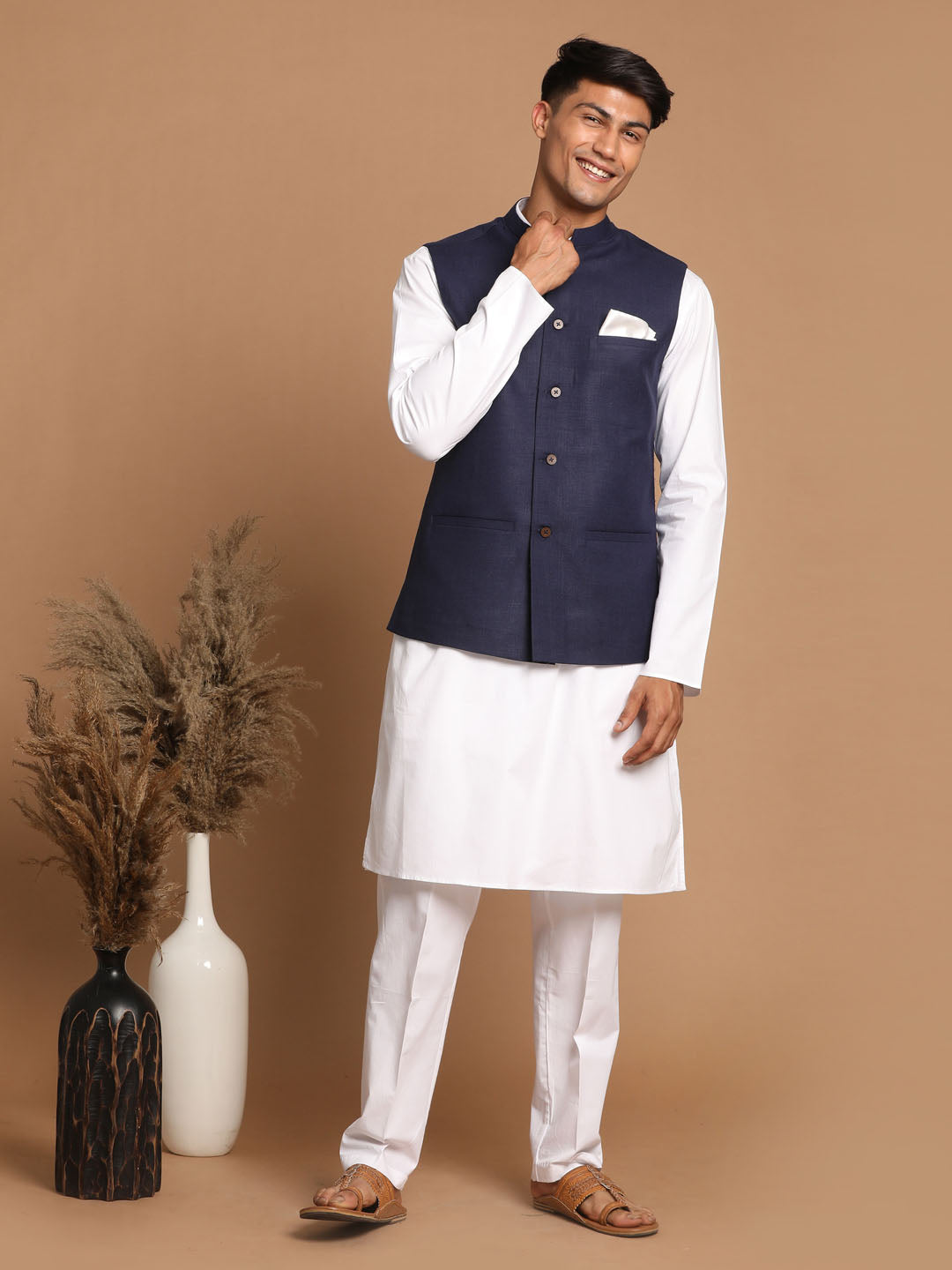 Sarvati Men's Navy Blue Cotton Nehru Jacket  With White Kurta and Pant