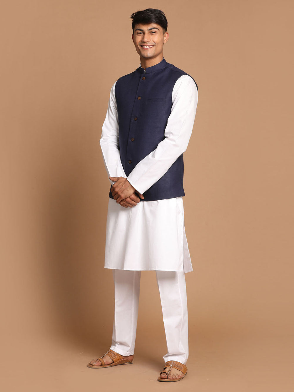 Sarvati Men's Navy Blue Solid Nehru Jacket With White Solid Kurta And White Cotton Pant Style Pyjama Set