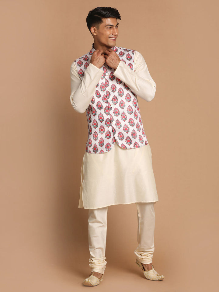 Sarvati Men's White & Red Floral Printed Slim-Fit Satin Nehru Jacket With White Kurta Pyjama