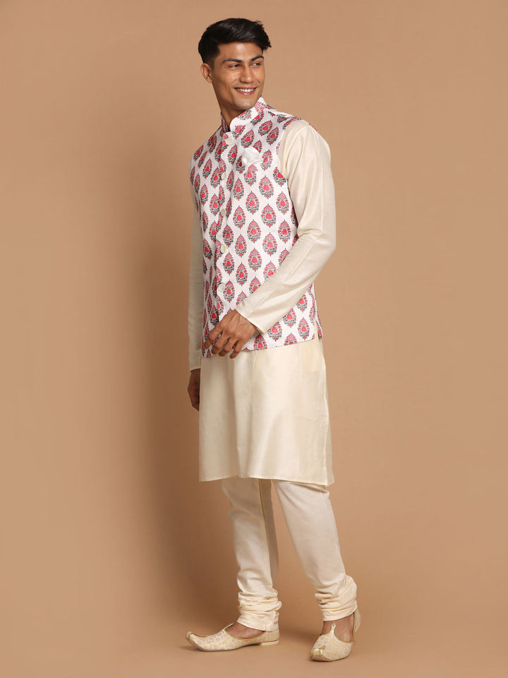 Sarvati Men's White & Red Floral Printed Slim-Fit Satin Nehru Jacket With White Kurta Pyjama