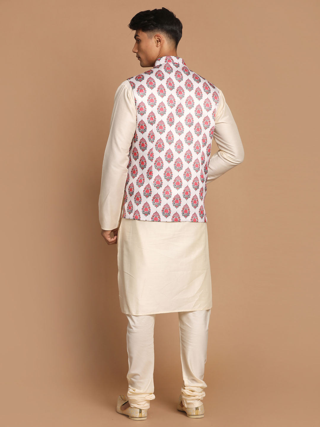 Sarvati Men's White & Red Floral Printed Slim-Fit Satin Nehru Jacket With White Kurta Pyjama