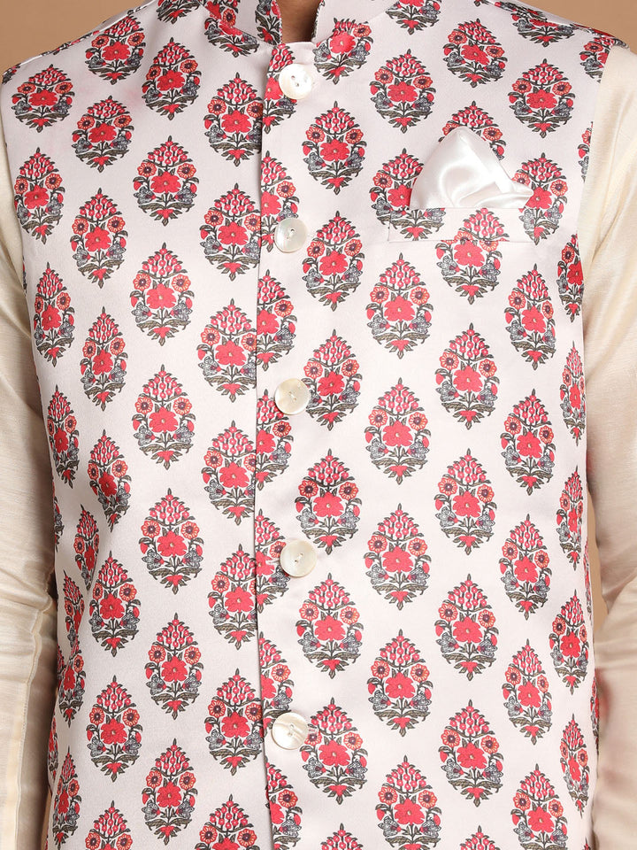 Sarvati Men's White & Red Floral Printed Slim-Fit Satin Nehru Jacket With White Kurta Pyjama