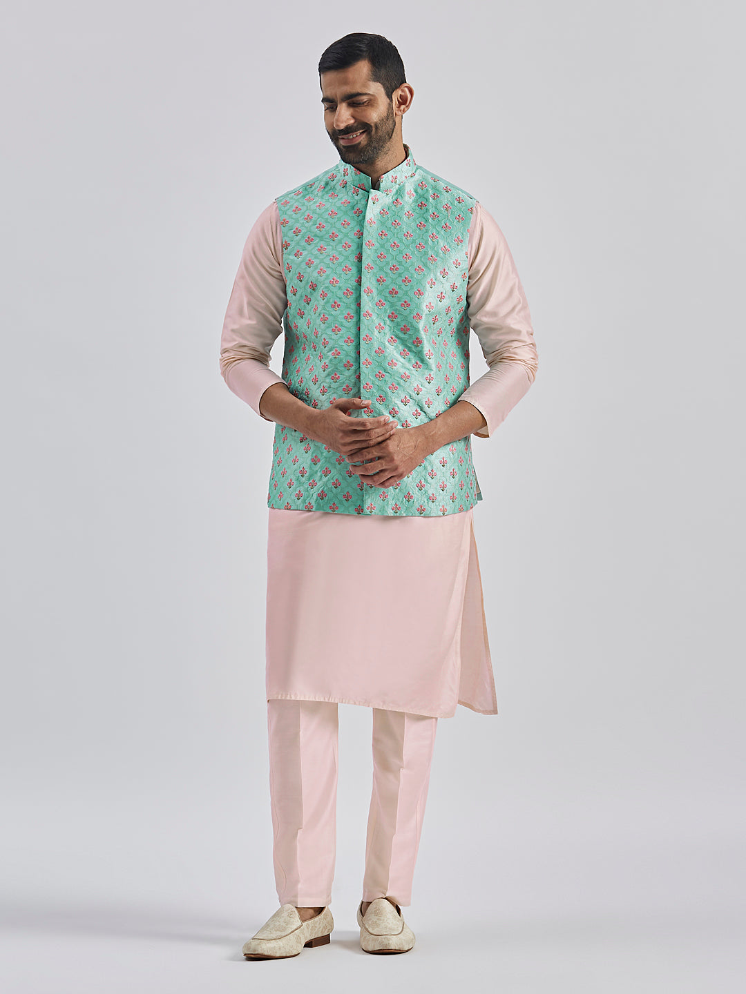 Sarvati Men's Mint Green And Pink Poly viscose Jacket, Kurta and Pyjama Set