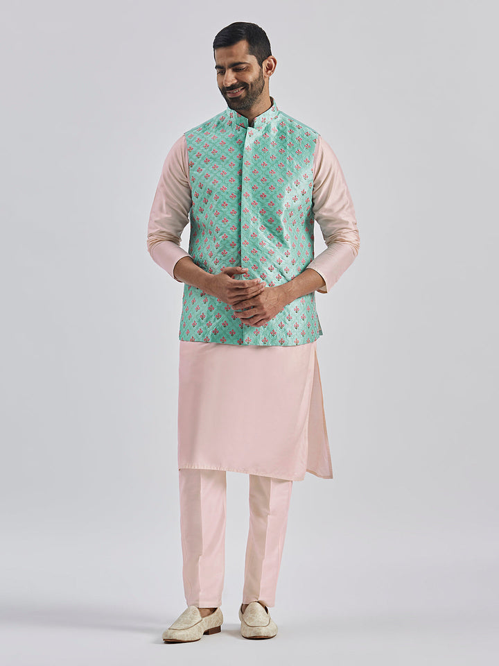 Sarvati Men's Mint Green And Pink Poly viscose Jacket, Kurta and Pyjama Set