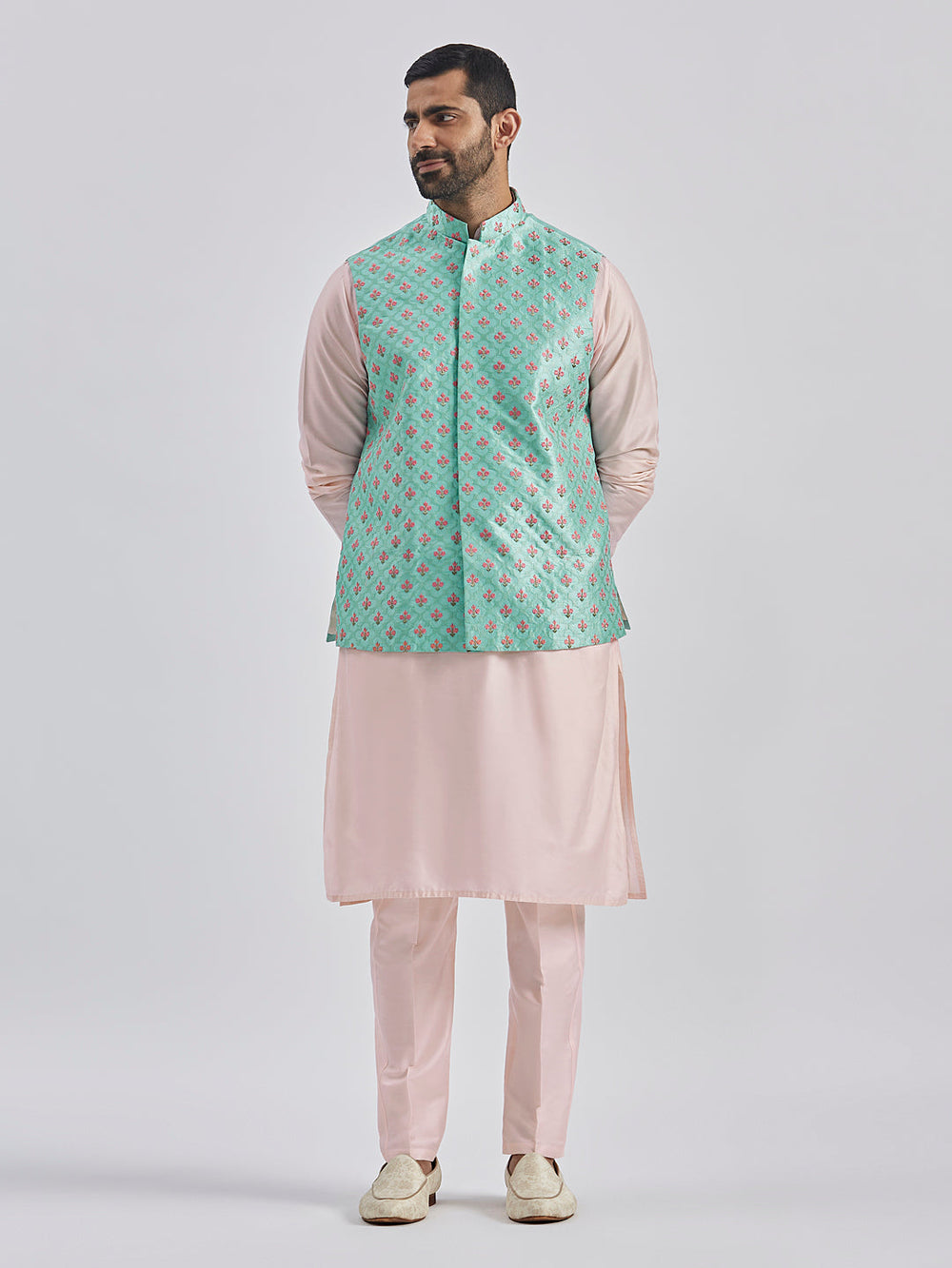 Men's Mint Green And Pink Poly Viscose Jacket, Kurta And Pyjama Set - view 2