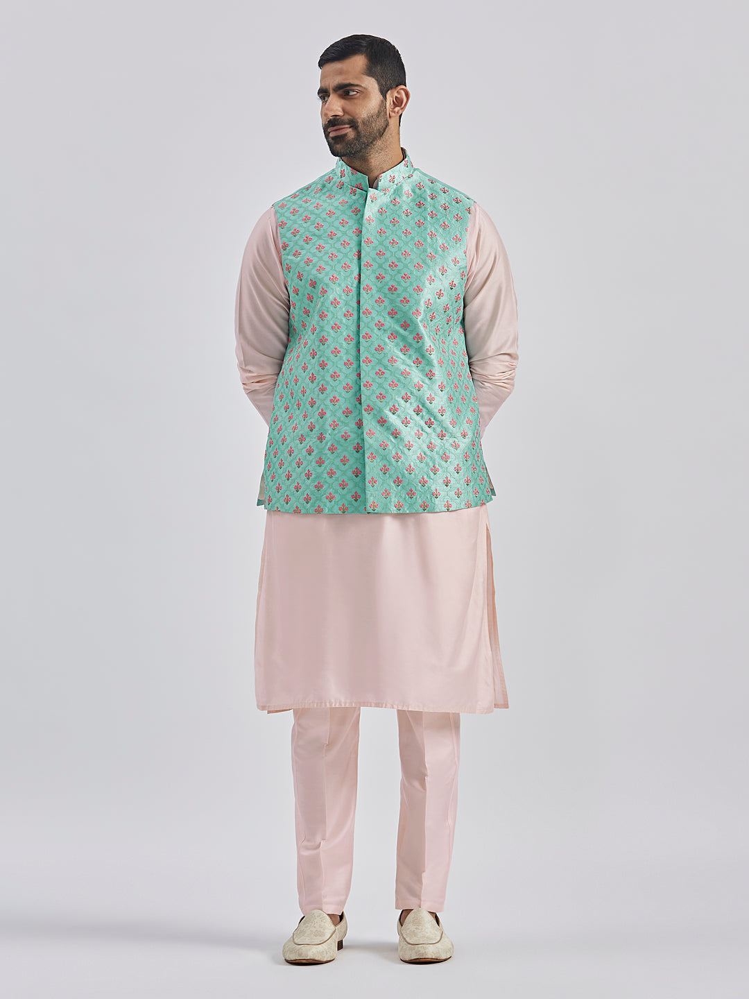 Sarvati Men's Mint Green And Pink Poly viscose Jacket, Kurta and Pyjama Set