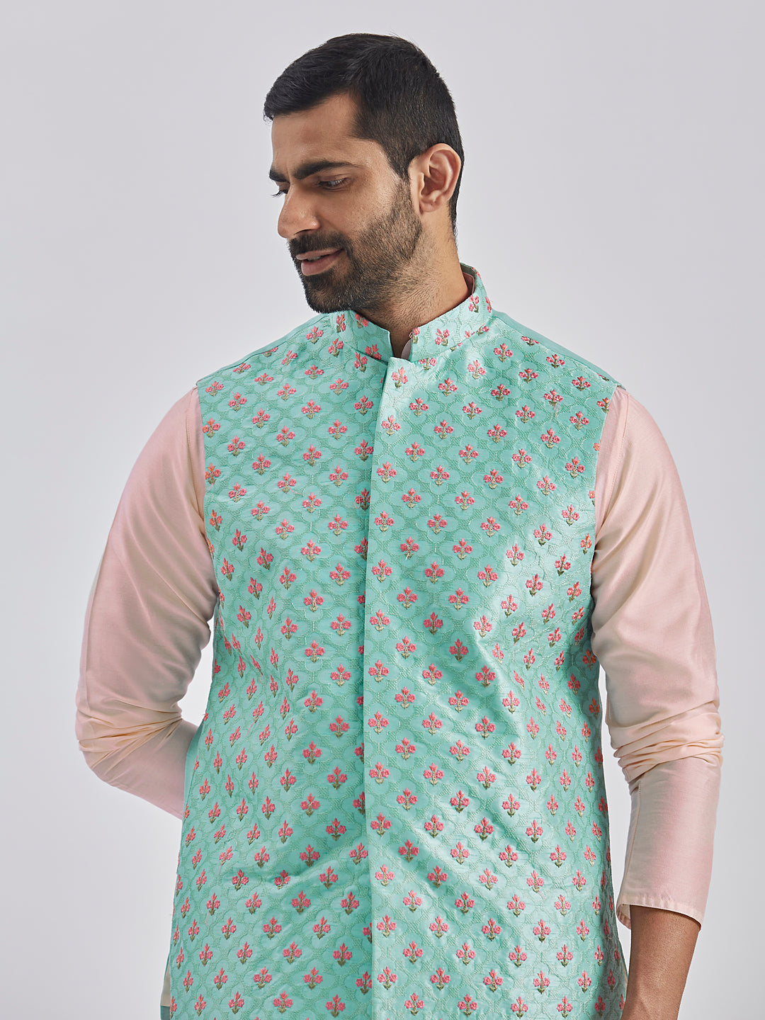 Sarvati Men's Mint Green And Pink Poly viscose Jacket, Kurta and Pyjama Set