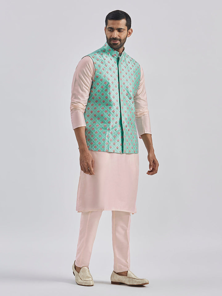 Sarvati Men's Mint Green And Pink Poly viscose Jacket, Kurta and Pyjama Set