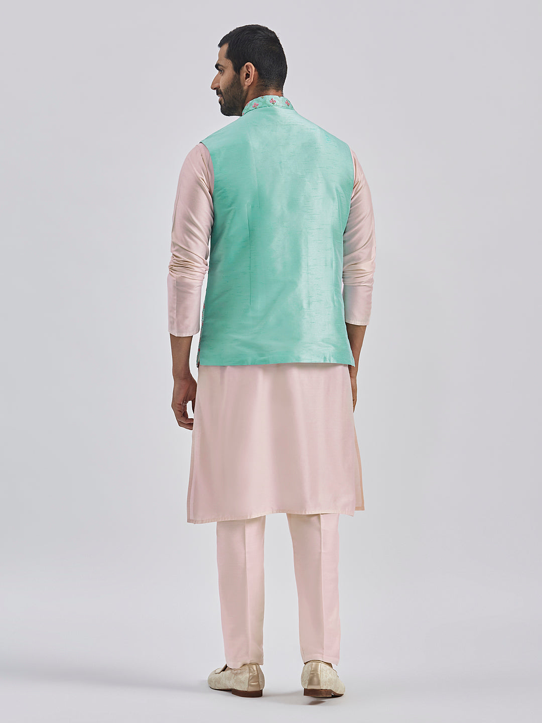 Sarvati Men's Mint Green And Pink Poly viscose Jacket, Kurta and Pyjama Set