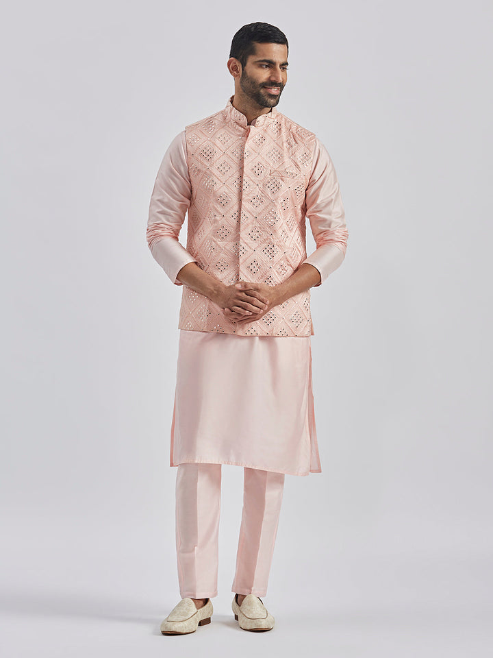 Sarvati Men's Pink Poly viscose Jacket, Kurta and Pyjama Set