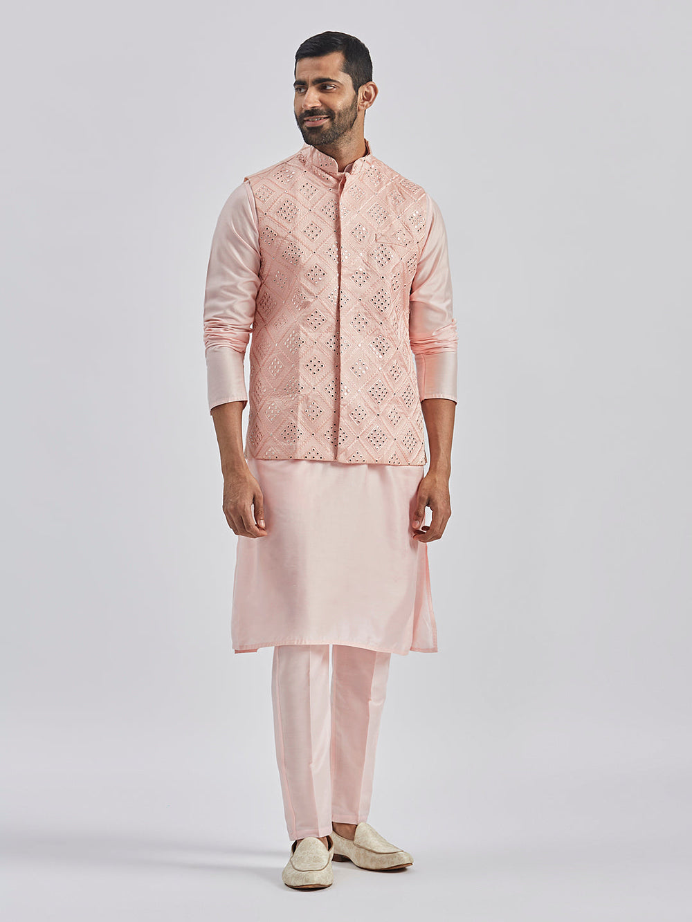 Men's Pink Poly Viscose Jacket, Kurta And Pyjama Set - view 2