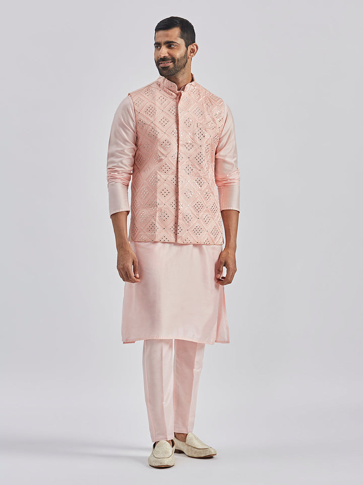 Sarvati Men's Pink Poly viscose Jacket, Kurta and Pyjama Set