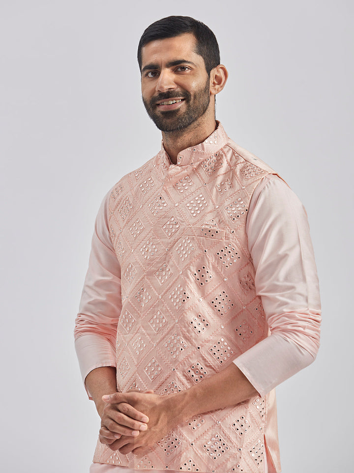 Sarvati Men's Pink Poly viscose Jacket, Kurta and Pyjama Set