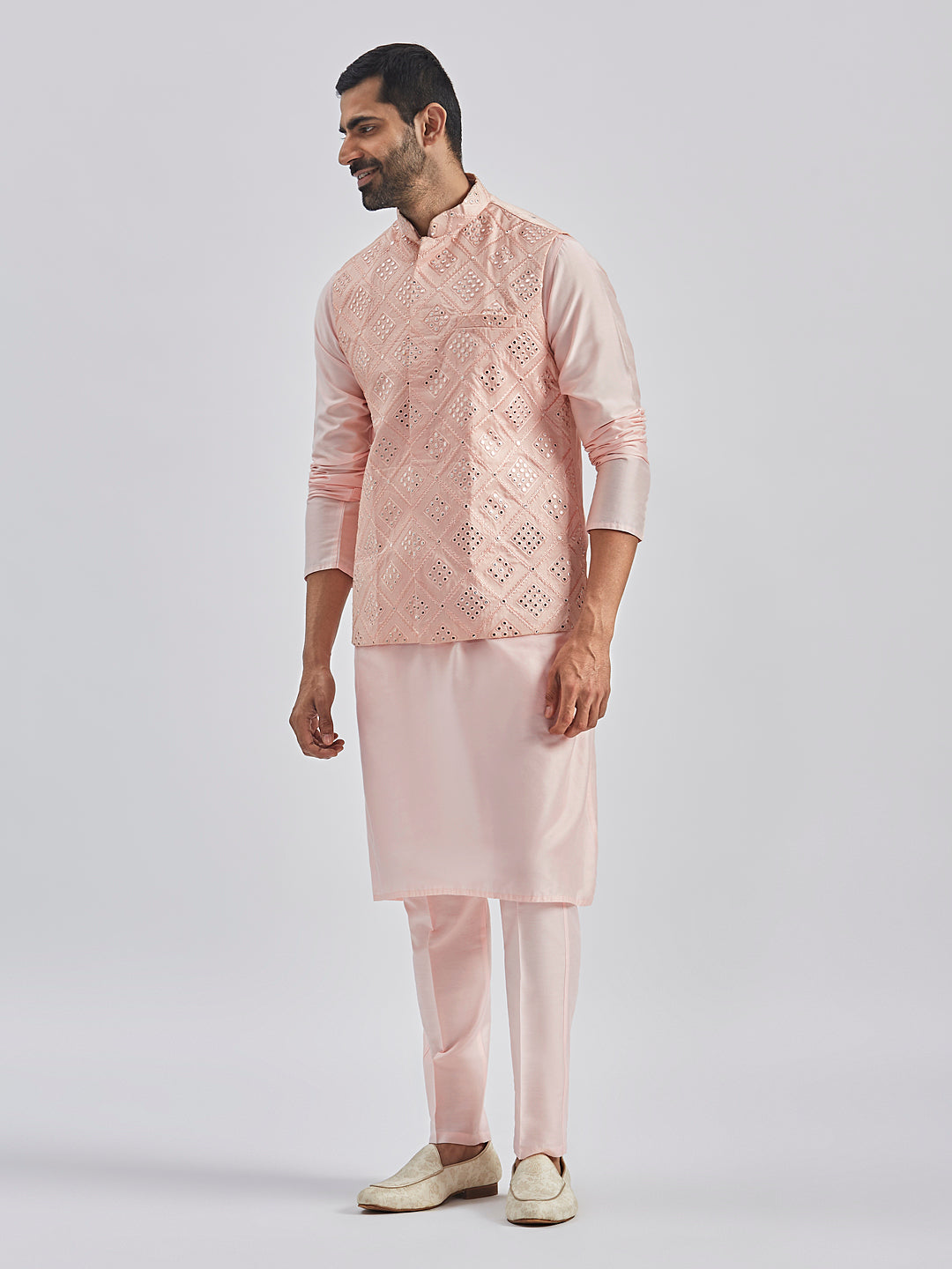 Sarvati Men's Pink Poly viscose Jacket, Kurta and Pyjama Set