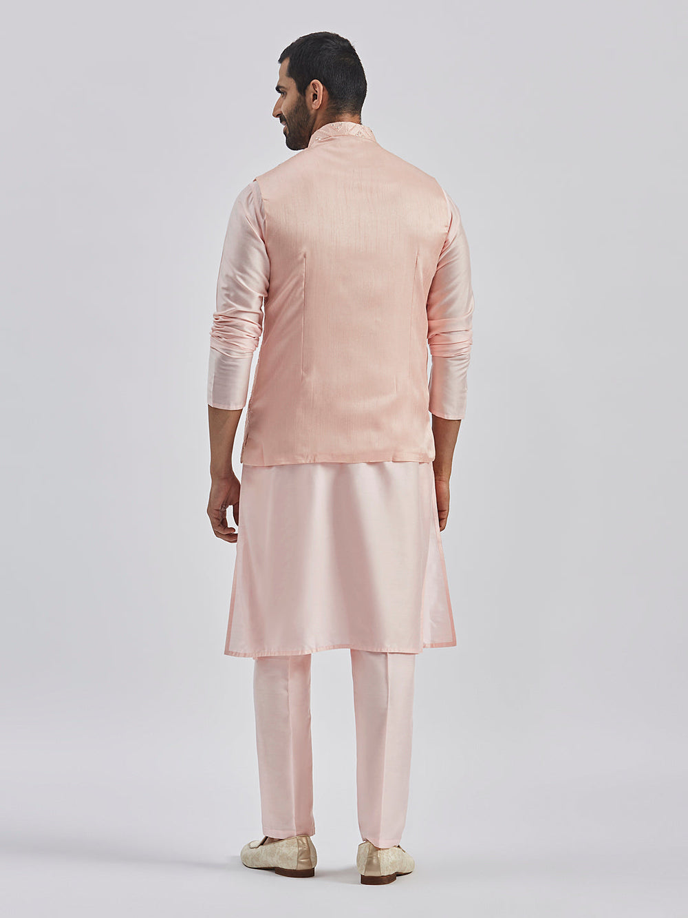 Sarvati Men's Pink Poly viscose Jacket, Kurta and Pyjama Set