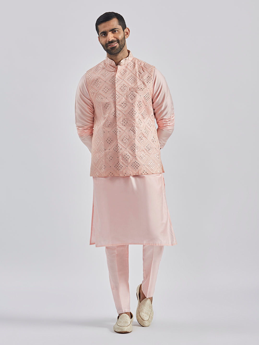 Sarvati Men's Pink Poly viscose Jacket, Kurta and Pyjama Set