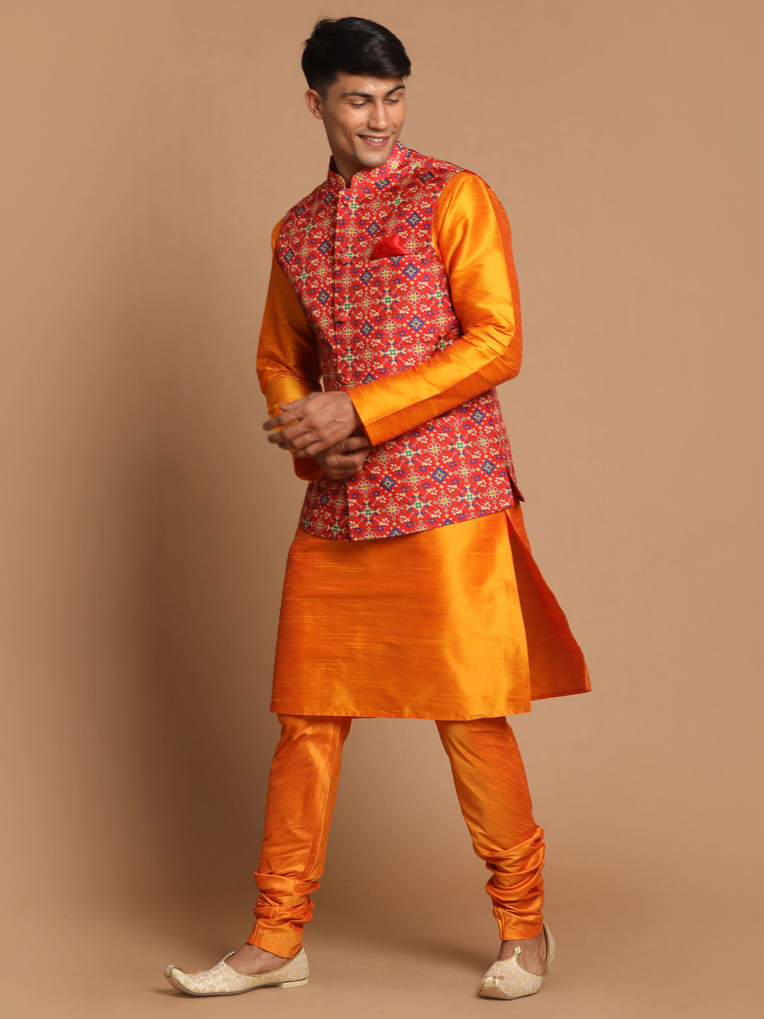 Sarvati Maroon Patola Print Nehru Jacket With Orange kurta Pyjama Set