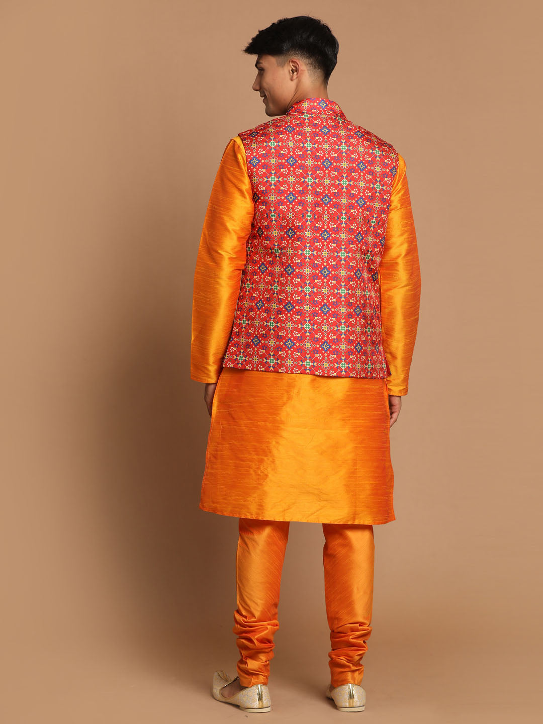 Sarvati Maroon Patola Print Nehru Jacket With Orange kurta Pyjama Set