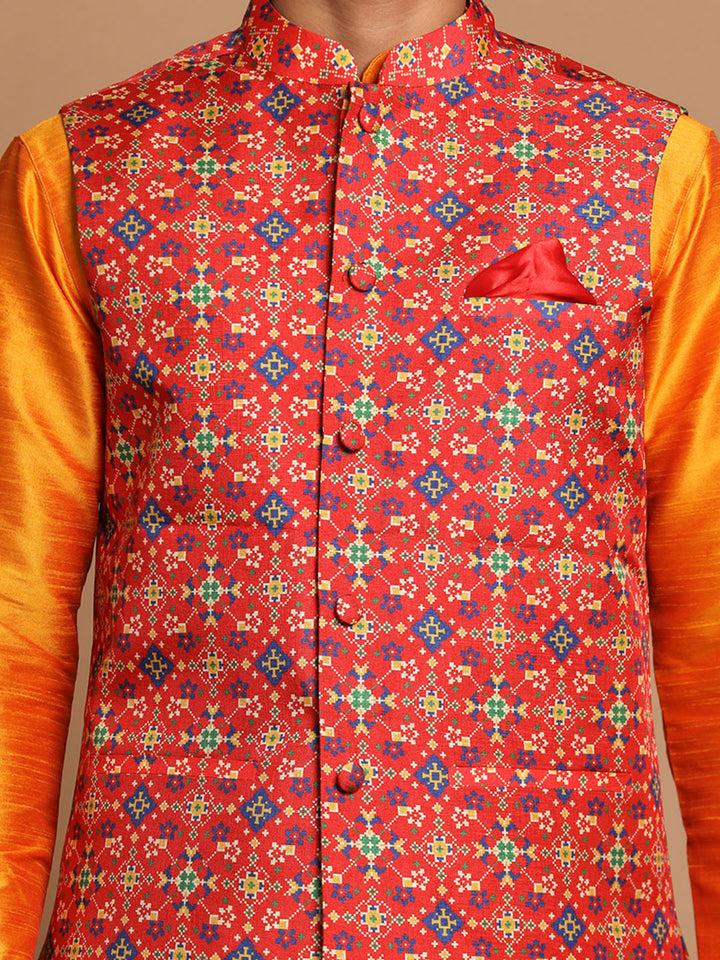 Sarvati Maroon Patola Print Nehru Jacket With Orange kurta Pyjama Set