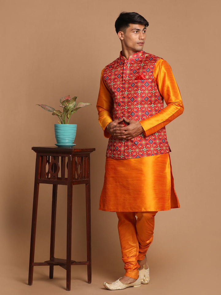 Sarvati Maroon Patola Print Nehru Jacket With Orange kurta Pyjama Set