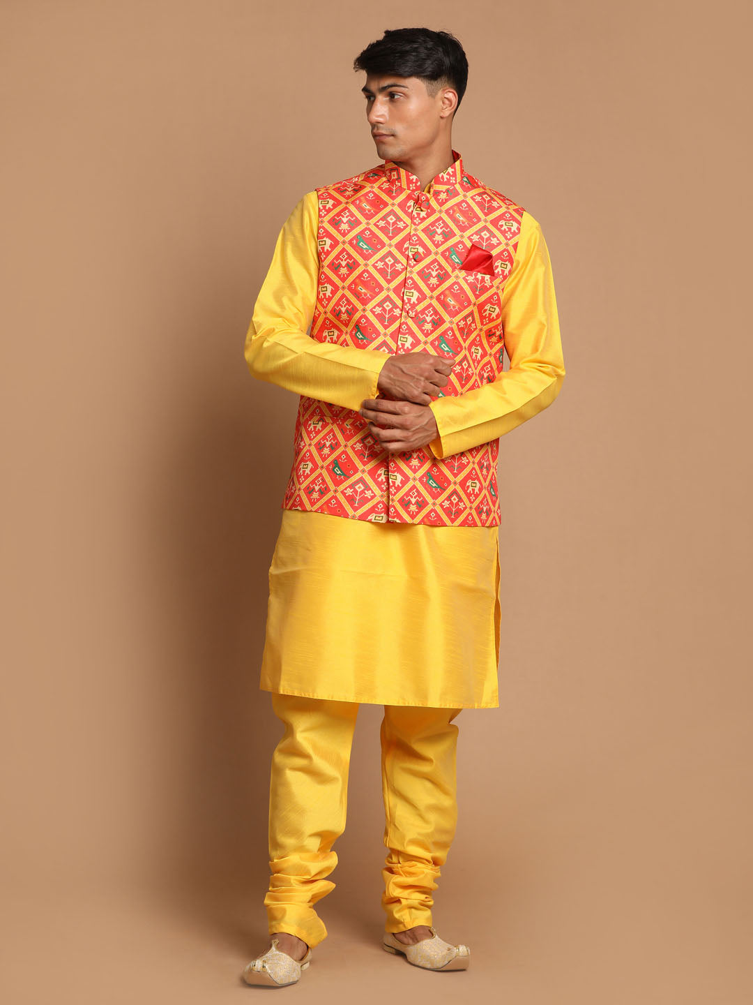 Sarvati Red Patola Print Nehru Jacket With Yellow  kurta Pyjama Set