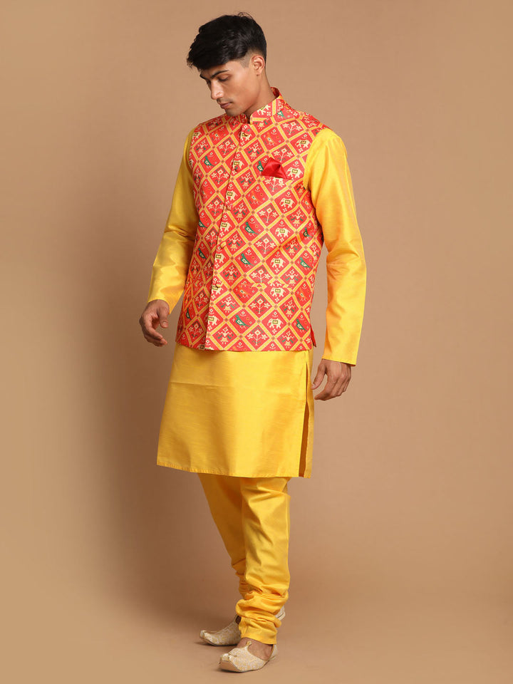 Sarvati Red Patola Print Nehru Jacket With Yellow  kurta Pyjama Set