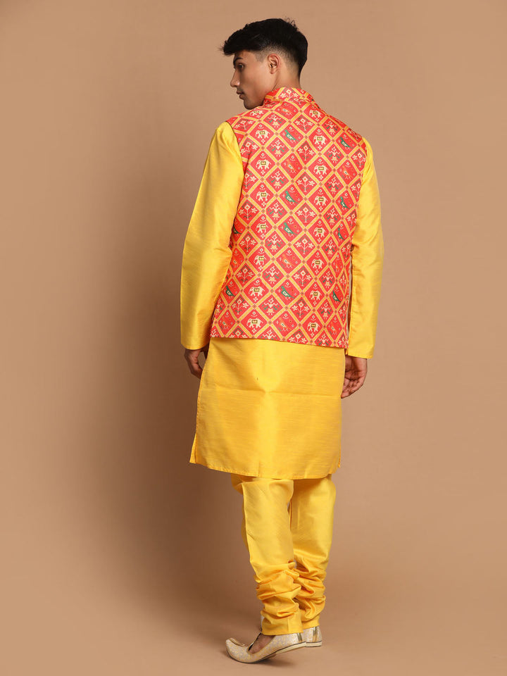 Sarvati Red Patola Print Nehru Jacket With Yellow  kurta Pyjama Set