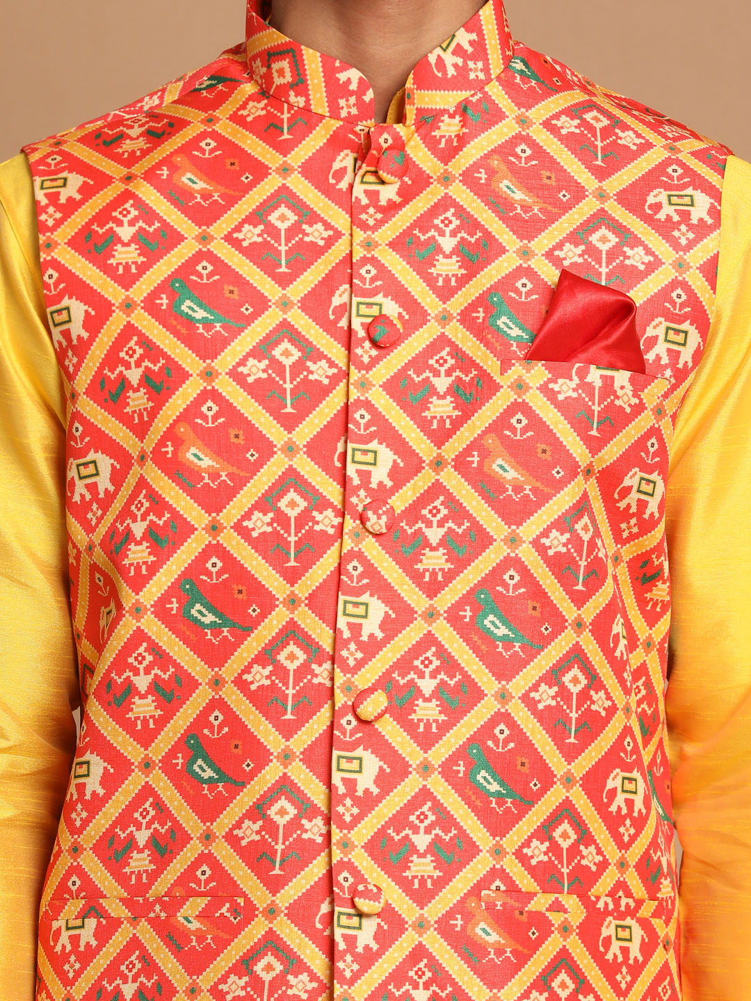 Sarvati Red Patola Print Nehru Jacket With Yellow  kurta Pyjama Set