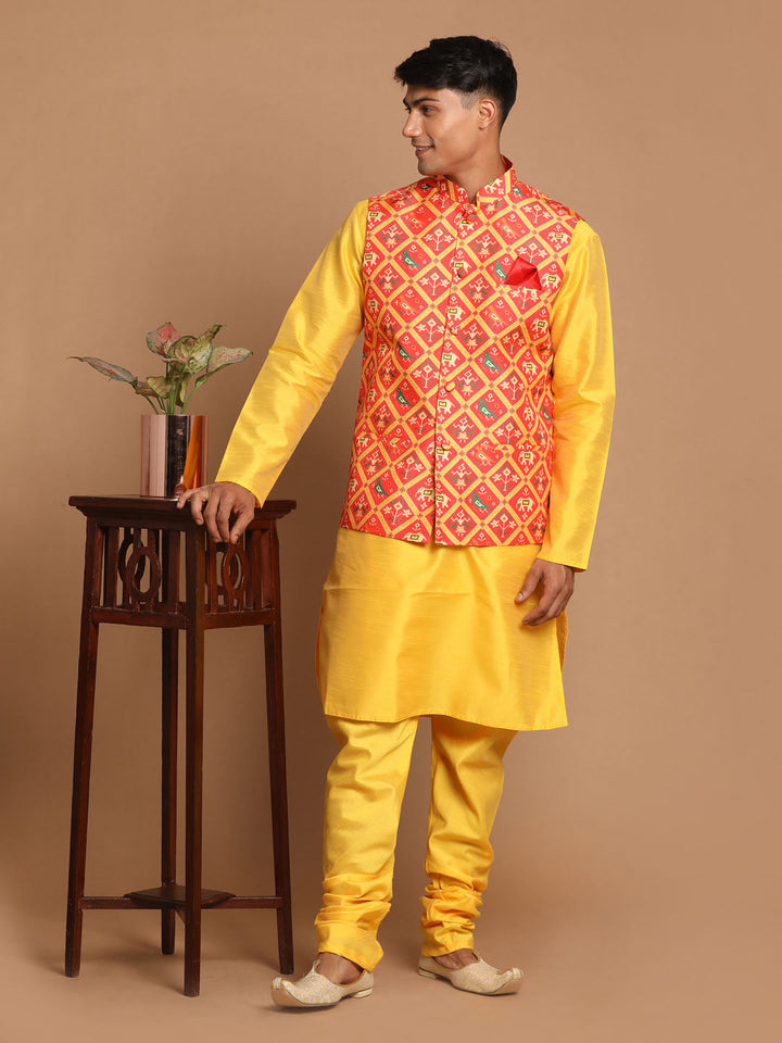 Sarvati Red Patola Print Nehru Jacket With Yellow  kurta Pyjama Set