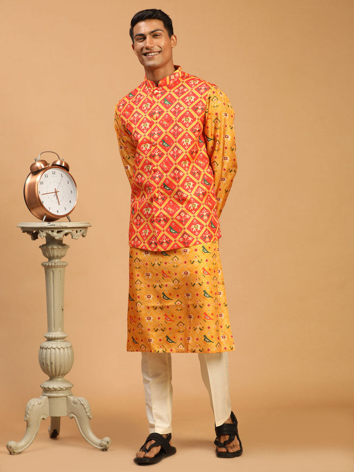 Sarvati Red Patola Print Nehru Jacket With Yellow Printed kurta & Cream Viscose Pant Set