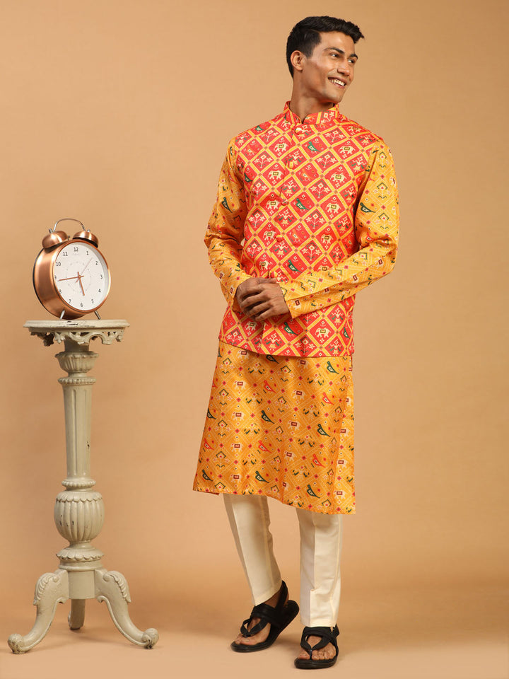 Sarvati Red Patola Print Nehru Jacket With Yellow Printed kurta & Cream Viscose Pant Set