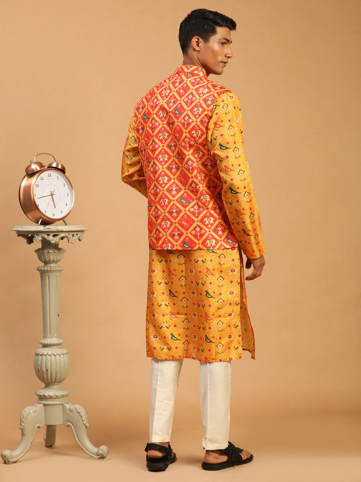 Sarvati Red Patola Print Nehru Jacket With Yellow Printed kurta & Cream Viscose Pant Set