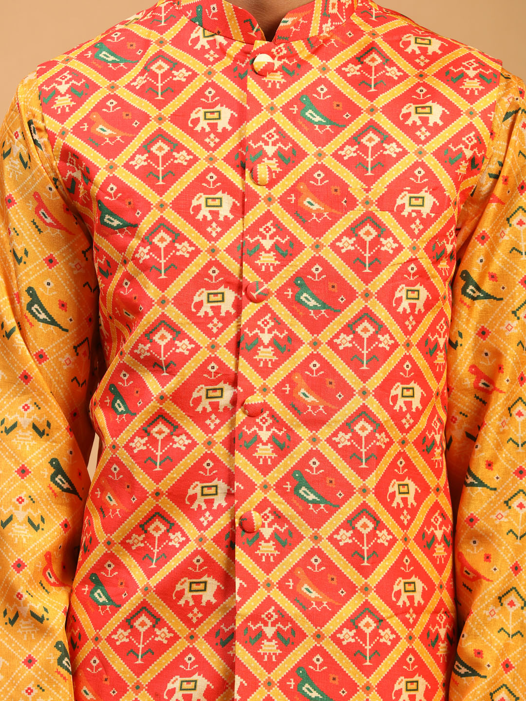 Sarvati Red Patola Print Nehru Jacket With Yellow Printed kurta & Cream Viscose Pant Set
