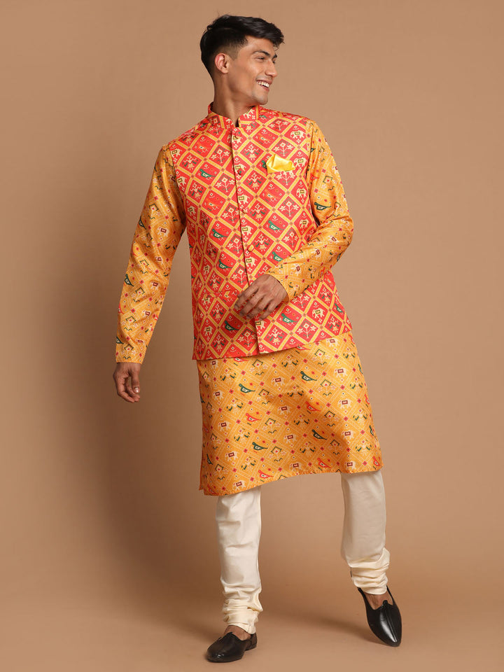 Sarvati Red Patola Print Nehru Jacket With Yellow Printed kurta & Cream Pyjama