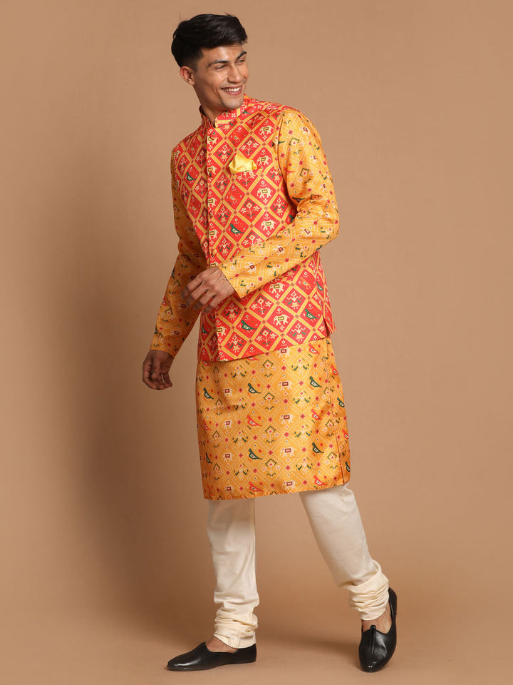 Sarvati Red Patola Print Nehru Jacket With Yellow Printed kurta & Cream Pyjama