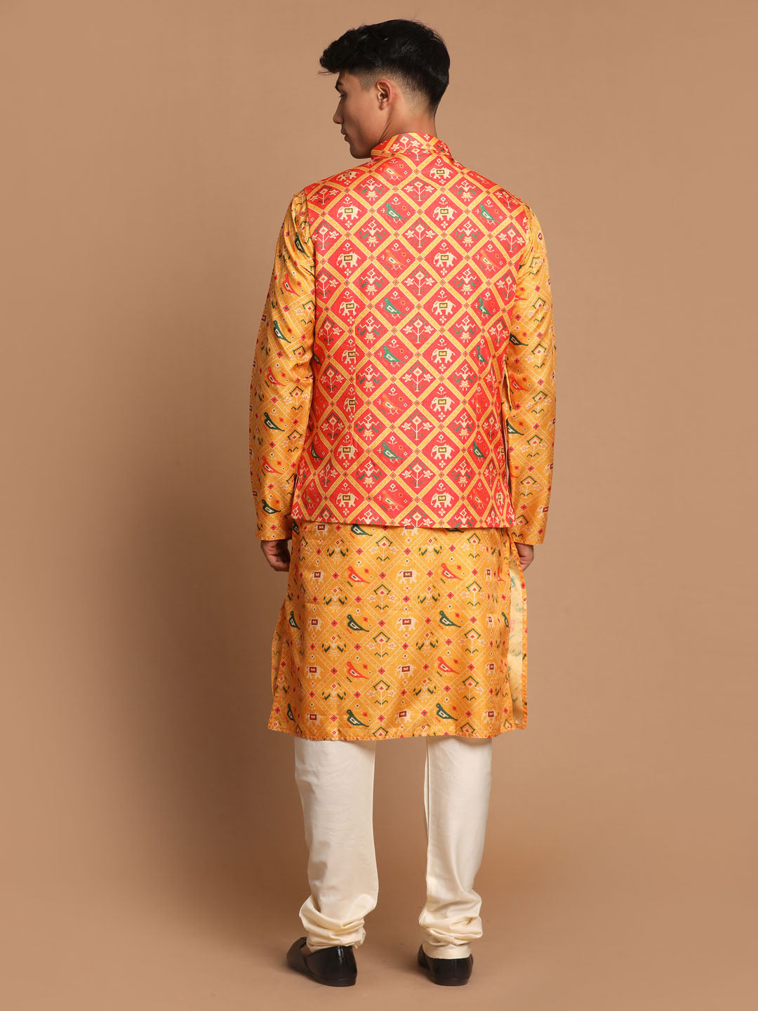 Sarvati Red Patola Print Nehru Jacket With Yellow Printed kurta & Cream Pyjama